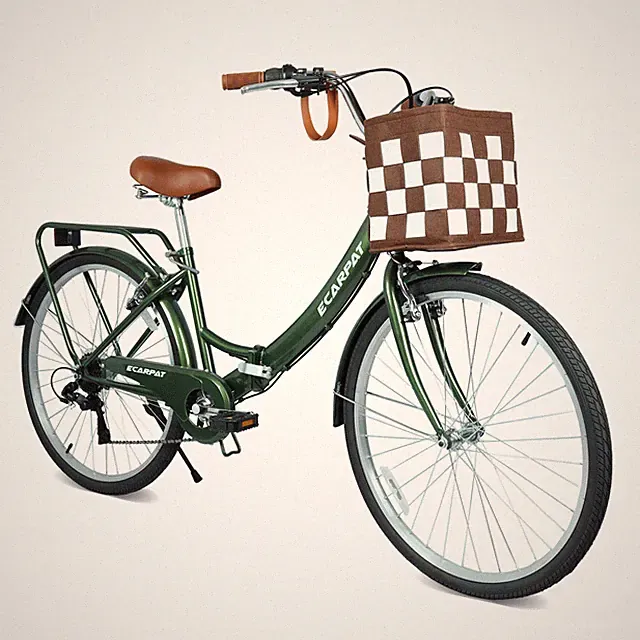 26 Inch Folding City Bike with Detachable Basket & Cup Holder Steel Frame Green