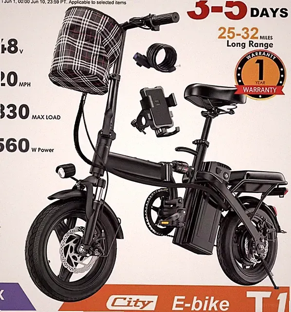 T1 48V 560W E-City Bike 14 in Wheels, 20 mph, 32 mi, Black, Lights